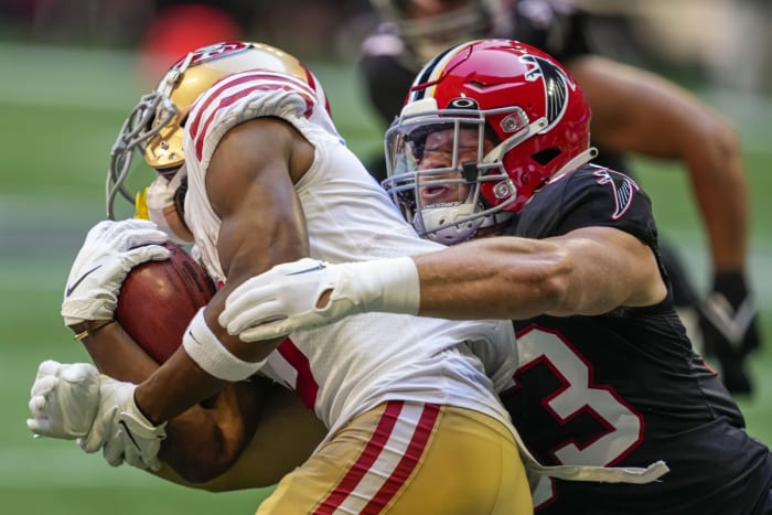 Oct 16, 2022; Atlanta, Georgia, USA; Atlanta Falcons linebacker Nick Kwiatkoski (53) tackles San Francisco 49ers wide receiver Ray-Ray McCloud III (3) at Mercedes-Benz Stadium.